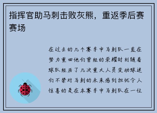 指挥官助马刺击败灰熊，重返季后赛赛场
