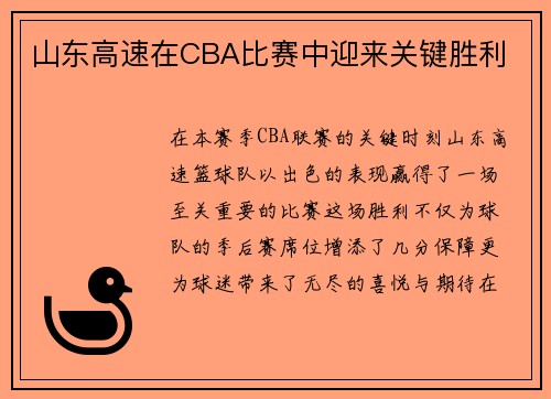 山东高速在CBA比赛中迎来关键胜利