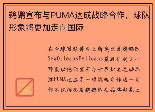 鹈鹕宣布与PUMA达成战略合作，球队形象将更加走向国际